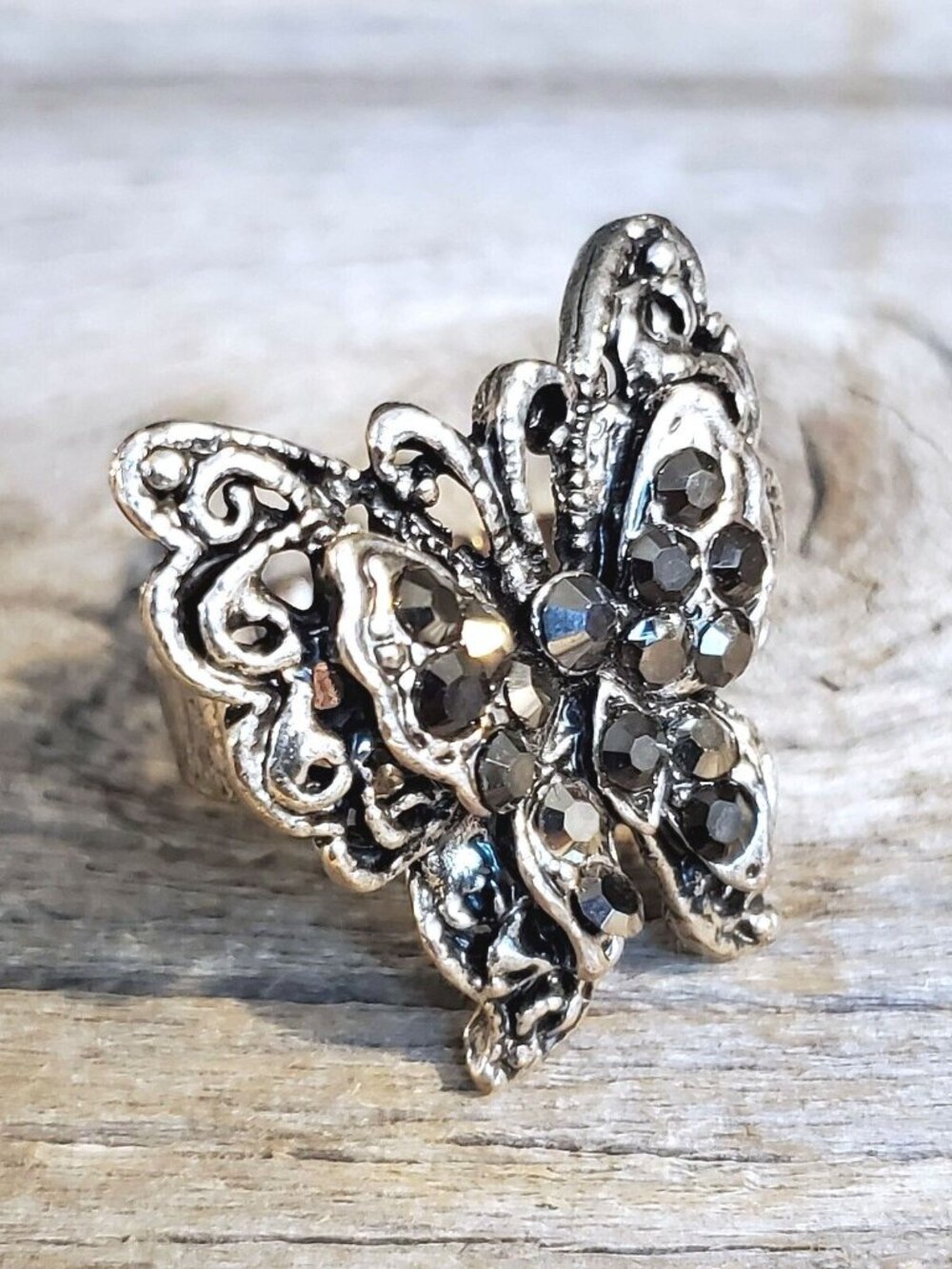 Vintage Sparkly Cocktail Ring Smoke Gray Crystal Butterfly Silver Y2K 90s